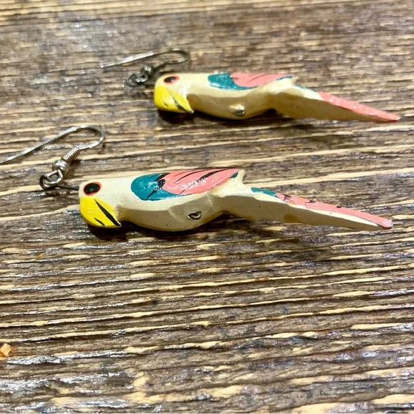 Vintage Parrot Earrings Handmade Wood - Picture 6 of 11